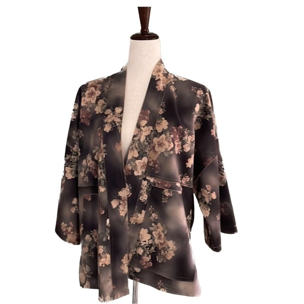 Solitaire Anthropologie Jacket Faux Suede Open Front Kimono Floral Women's S